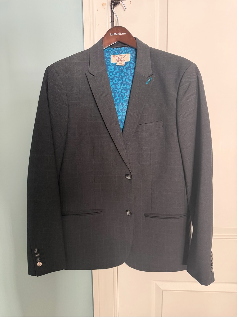 Original Penguin Men's Charcoal Pea Coat with Bright Blue Lining